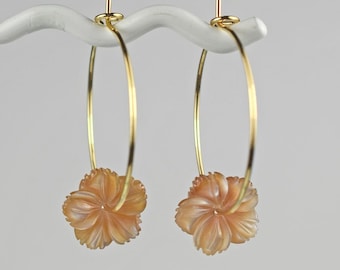 Mother of Pearl Pink / Peach / Brown Flower Gold Hoop Earrings