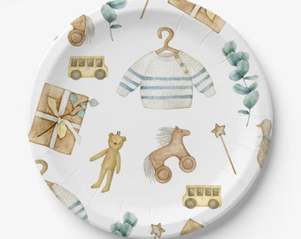 Vaisselle pour enfants, assiettes de fête pour enfants, compostable, vaisselle aquarelle pour enfants, baby shower, babyboy, jetable, assiettes en carton