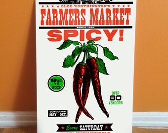 SPICY Letterpress Farmers Market 11 x 17 Poster featuring Hot Chili Peppers vegetables. Food related art print - great for the kitchen.