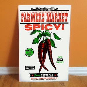 SPICY Letterpress Farmers Market 11 x 17 Poster featuring Hot Chili Peppers vegetables. Food related art print - great for the kitchen.