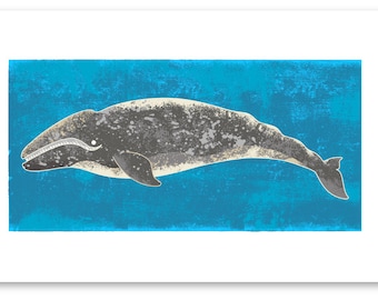 Baleine grise graphique 11 x 17 mat Art copie de la série d’affiches de baleines. Gris - bleu - océan - Animal