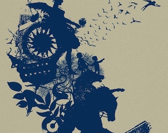 Wereldwaarde besparende collage zeefdrukkunstposter. Gezeefdrukt: paarden, muziek, bloemen, kinderen, bomen, vogels.