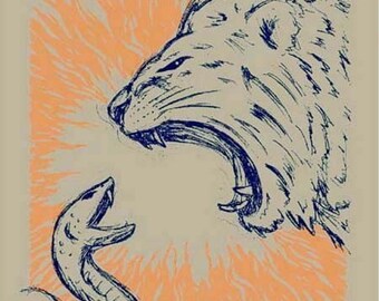 Lion vs Snake animal silkscreen Art Print - screen-printed poster 18 x 24 wall decor - blue - orange
