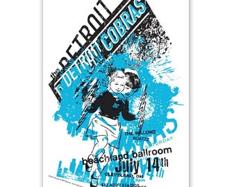 DETROIT COBRAS zeefdruk Cleveland Concert Poster - Two Head Girl gig poster Blauw Zwart