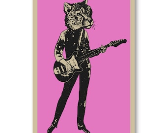 60s style Cheetah cat girl Guitar Player girl rock band 11x17 silkscreen Art Print Poster screenprinted by hand. Great for musicians.