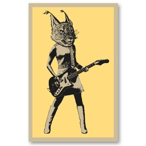 60s style LYNX cat Guitar Player girl rock band 11 x 17 silkscreen Art Print Poster screenprinted by hand. Great for musicians or rock fans.