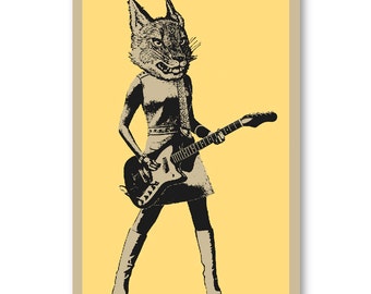 60s style LYNX cat Guitar Player girl rock band 11 x 17 silkscreen Art Print Poster screenprinted by hand. Great for musicians or rock fans.