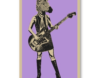 Retro 60s style Zebra Bass Player from animal Rock Band 11x17 silkscreen Art Print Poster screenprinted by hand. Great for musicians.