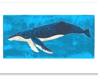 Humpback Whale graphic 11x17 Archival Matte Art Print from whales poster series. Blue - Sea - Ocean - Nautical - Animal - Design