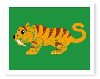 Sabretooth Tiger full color cat Art Print - from 8x10 Dinosaur and Prehistoric Animal Series - great for kids room