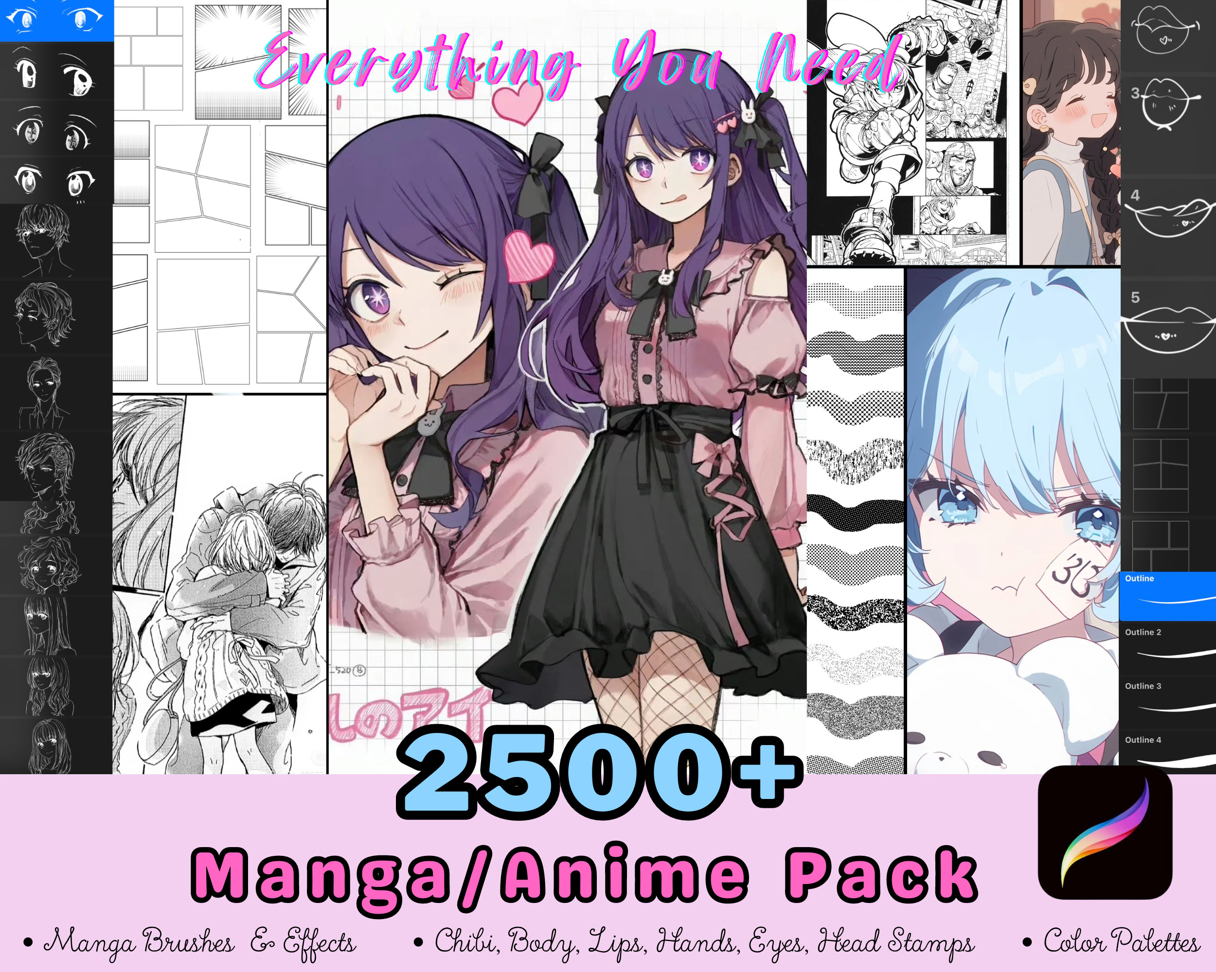 2500+ Procreate Anime & Manga Brush Bundle with Chibi Stamps, Poses, Screentones & Panels