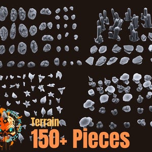 ¡150 piezas! Terreno en miniatura variado y elementos de base: calaveras, plantas, rocas, pilares, hongos y más.