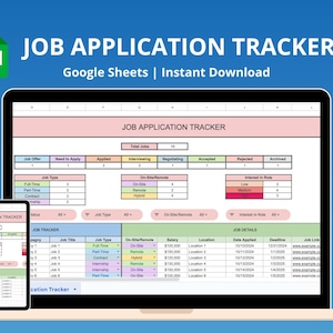 Tracker per candidature di lavoro Fogli Google, pianificatore di lavoro, colloquio e ricerca di lavoro, modello di candidatura, foglio di calcolo semplice per dashboard, carriera