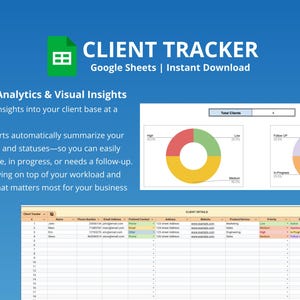 K&ouml;nnte beinhalten: Blaue Grafik mit dem Text "CLIENT TRACKER" und "Google Sheets | Instant Download". Es enth&auml;lt Diagramme und eine Tabelle mit dem Text "Automatic Analytics & Visual Insights."