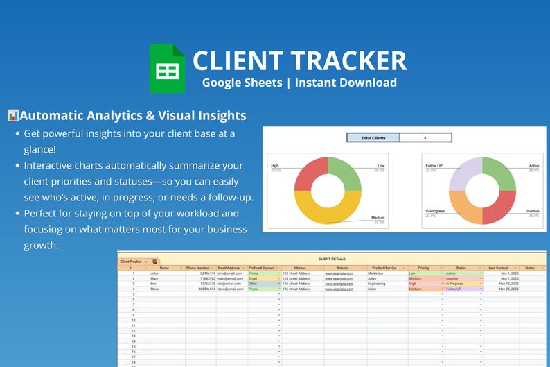 K&ouml;nnte beinhalten: Blaue Grafik mit dem Text "CLIENT TRACKER" und "Google Sheets | Instant Download". Es enth&auml;lt Diagramme und eine Tabelle mit dem Text "Automatic Analytics & Visual Insights."