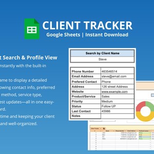 K&ouml;nnte beinhalten: Blaues Grafikdesign, das einen "Client Tracker" f&uuml;r Google Sheets bewirbt, mit "Sofort-Download". Es zeigt Beispiele f&uuml;r Kundenprofile, Suchfunktionen und ein Kundenkartendesign. Das Bild enth&auml;lt Diagramme und eine Tabelle.