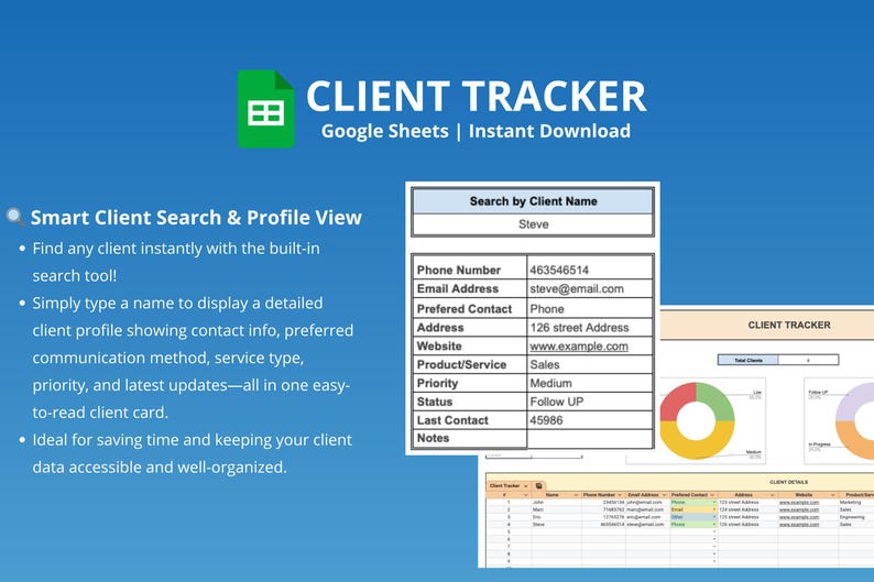 K&ouml;nnte beinhalten: Blaues Grafikdesign, das einen "Client Tracker" f&uuml;r Google Sheets bewirbt, mit "Sofort-Download". Es zeigt Beispiele f&uuml;r Kundenprofile, Suchfunktionen und ein Kundenkartendesign. Das Bild enth&auml;lt Diagramme und eine Tabelle.