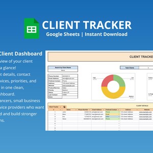 K&ouml;nnte beinhalten: Eine digitale Client-Tracker-Vorlage f&uuml;r Google Sheets. Das Bild zeigt eine Tabelle mit Kundendetails, Kontaktinformationen und einem Dashboard mit Diagrammen. Der Text lautet "Client Tracker" und "All-in-One Client Dashboard."
