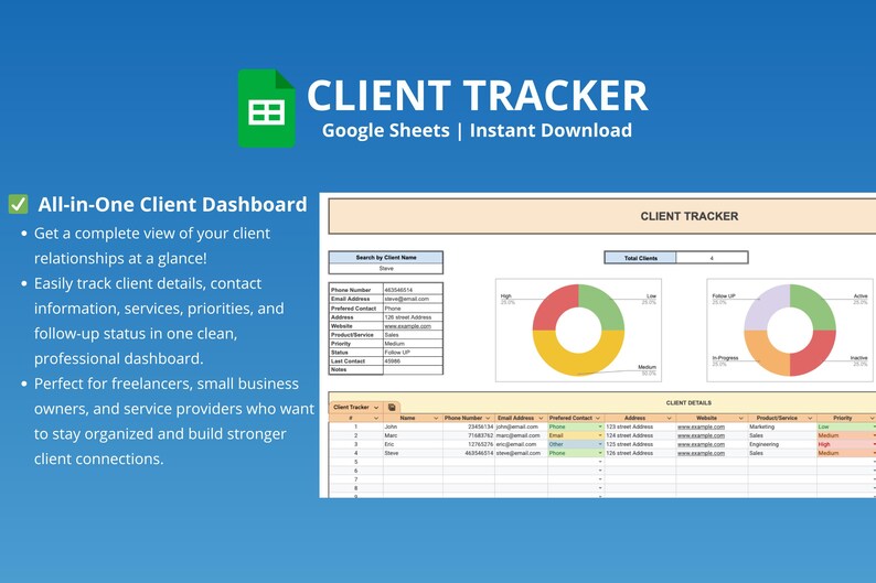 K&ouml;nnte beinhalten: Eine digitale Client-Tracker-Vorlage f&uuml;r Google Sheets. Das Bild zeigt eine Tabelle mit Kundendetails, Kontaktinformationen und einem Dashboard mit Diagrammen. Der Text lautet "Client Tracker" und "All-in-One Client Dashboard."