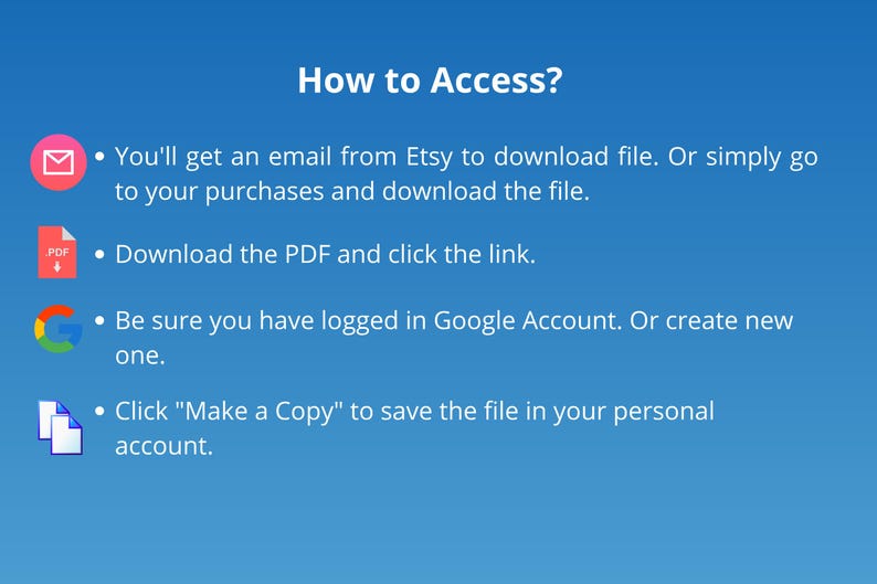 K&ouml;nnte beinhalten: Blauer Farbverlauf-Hintergrund mit dem Text "How to Access?" und Anweisungen zum Herunterladen einer Datei von Etsy. Anweisungen umfassen das &Uuml;berpr&uuml;fen von E-Mails, das Herunterladen einer PDF-Datei, das Anmelden bei einem Google-Konto und das Erstellen einer Kopie.