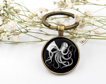Vintage Octopus Schlüsselanhänger, Octopus Schlüsselanhänger, Meer Leben Schlüsselanhänger, Wasserschmuck, Blau Schwarz Vintage Octopus, Meeresgeschöpf Geschenk, Nautisches Geschenk