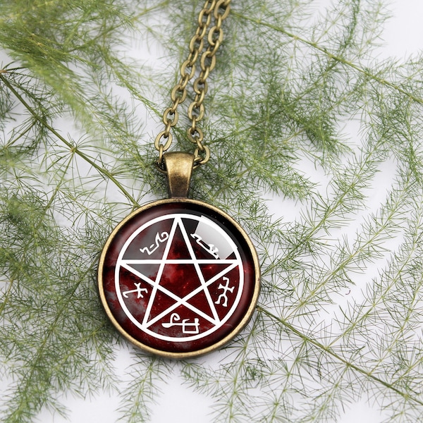 Devil Trap Symbol Pendant Necklace, Satanic Occult Amulet Pentagram Pentacle Star, Grimoire, Lesser Key of Solomon, Mystical Symbol