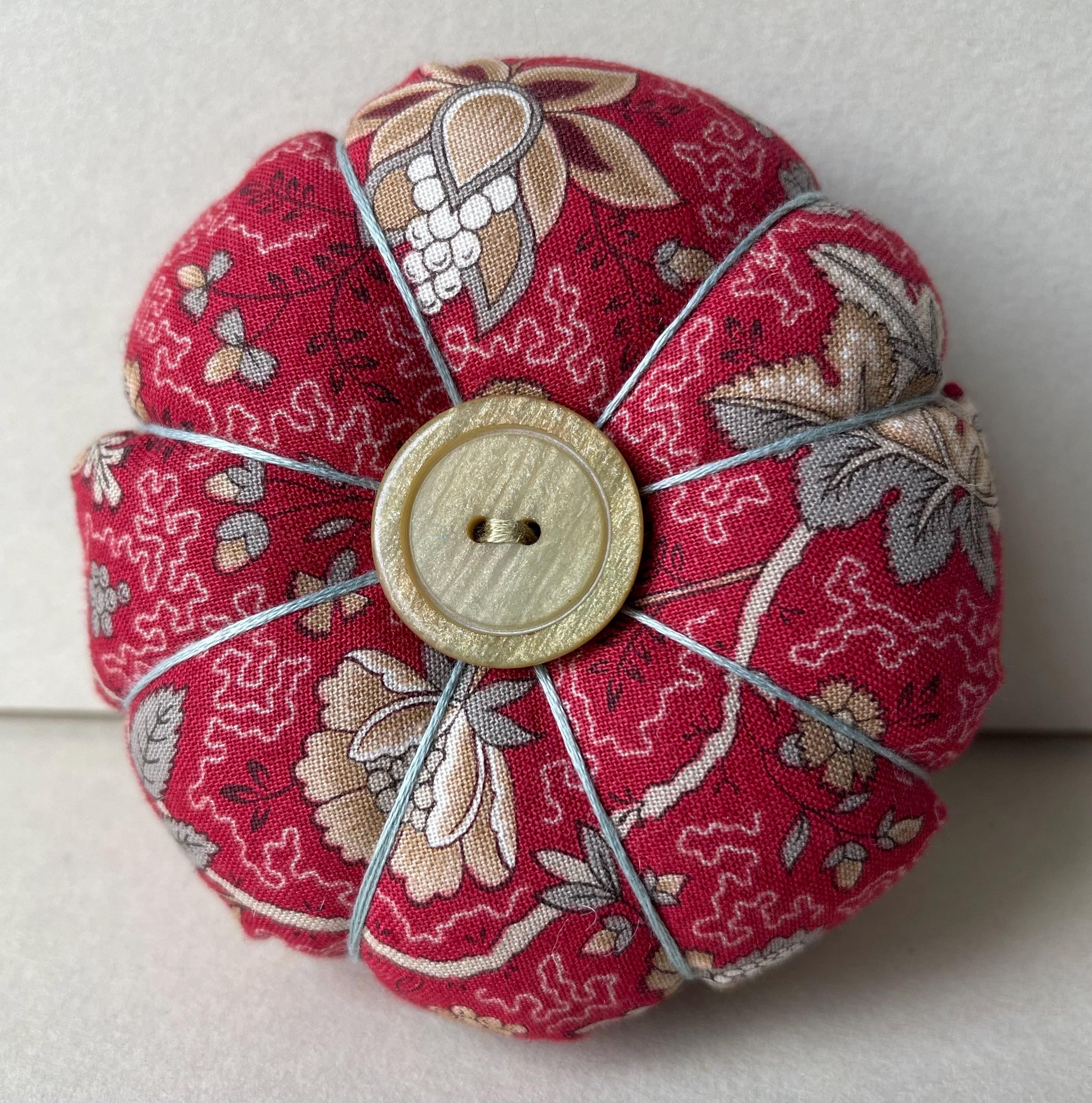 Handmade Tomato Pincushion features Moda French General Fabric with Hand Dyed Wool Bottom. Pinkeep. Gift for Stitcher.