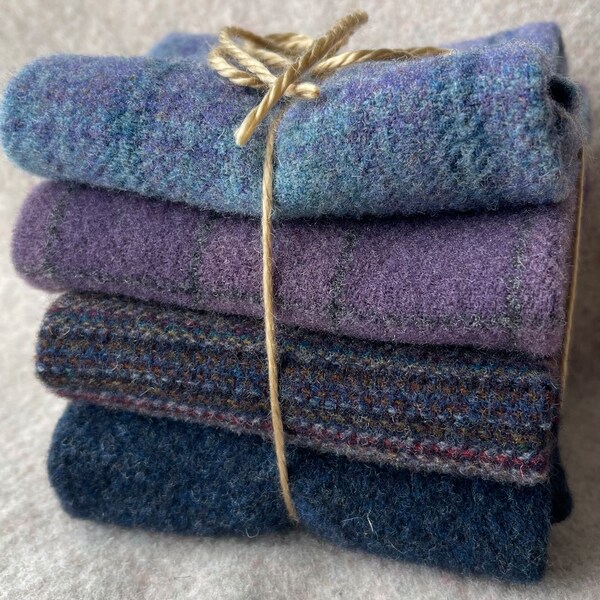 Felted Wool Fabric Bundle ideal for Wool Appliqué, Rug Hooking, Penny Rugs, and Woolen Crafts. Purple and Blue