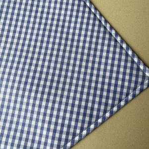 May include: A blue and white gingham pattern fabric, with a stitched edge, is displayed diagonally across the frame. The fabric's pattern is a classic checkered design, with alternating squares of blue and white. The background is a solid tan color.