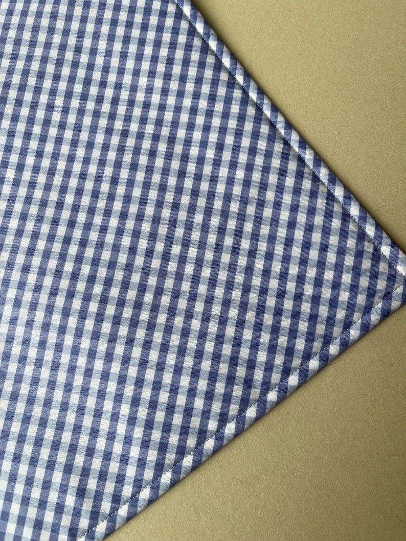 May include: A blue and white gingham pattern fabric, with a stitched edge, is displayed diagonally across the frame. The fabric's pattern is a classic checkered design, with alternating squares of blue and white. The background is a solid tan color.