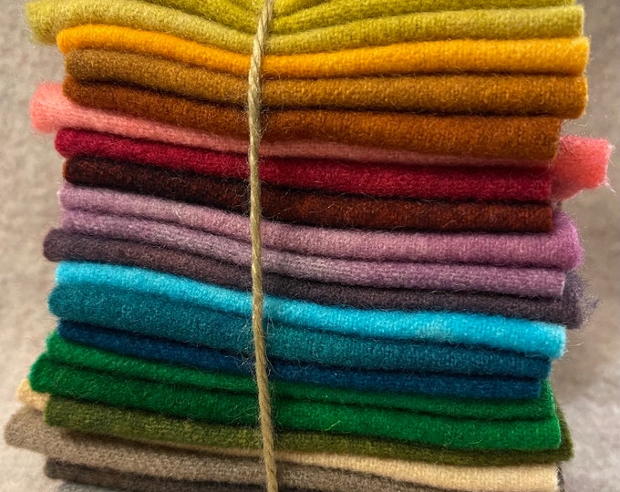 Hand Dyed FELTED WOOL FABRIC Bundle, 24 Small Pieces, Ideal for Wool Applique, Penny Rugs, Rug
