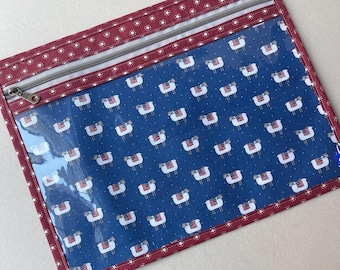 Project Bag Cross Stitch: Vinyl Front.  Knitting, Needlework Organization. Patriotic Sheep. America 250.