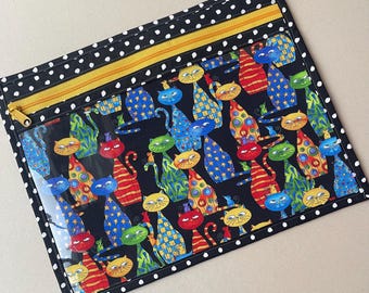 Cross Stitch Vinyl Front Project Bag: Clear Needlework or Knitting Bag. Cats