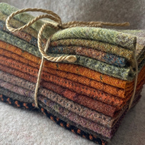 Felted Wool Fabric Charm Pack - Primitive Collection, ideal for wool applique, penny rugs, rug hooking and pin cushions. Twelve 5” Squares