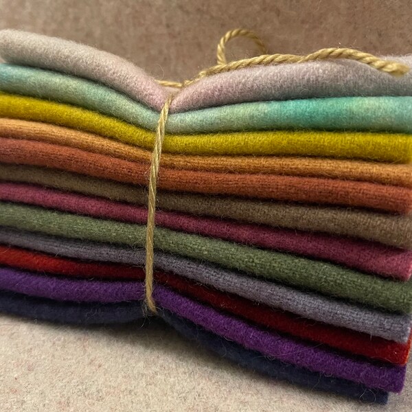 Hand Dyed Felted Wool Fabric Charm Bundle ideal for wool applique, penny rugs, rug hooking, and Pennies.  5” squares. Multi Color Bundle