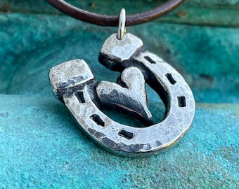 Heart in Horse Shoe Necklace, Horse Love Pendant, Rustic Handmade Jewelry