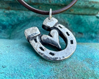 Heart in Horse Shoe Necklace, Horse Love Pendant, Rustic Handmade Jewelry