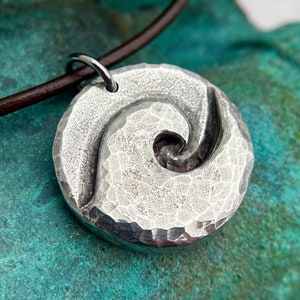 Wave Pendant, Ocean Wave Necklace, Hammered Surf, Rustic Jewelry, Beach Necklace, Summer, Surfer, Hand Cast Pewter