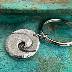 Ocean Wave Key Chain, Hammered Surf Key Ring, Surfer Gift, Swimmer, Beach Lover, Water Sports, Hand Cast Pewter
