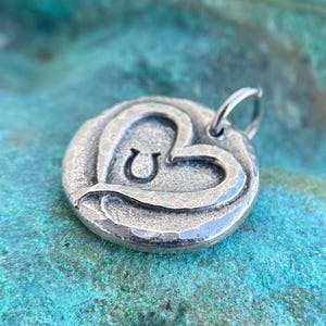 Hoof Print on Heart Pendant, Horse Jewelry, Rustic Handmade Pewter Charm