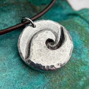 Ocean Wave Necklace, Surf Pendant, Rustic Jewelry, Hand Cast & Hammered Pewter