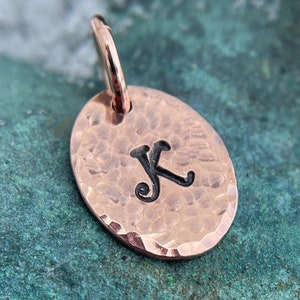 Small Oval Copper Tag Charms, Hand Stamped Letter Pendant, Custom Initial Charm, Rustic Hammered Copper Jewelry, 3/4 inch tall