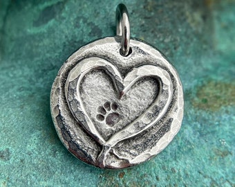 Paw Print on my Heart Pendant, Heart with Pawprint Charm, Pet Jewelry, Dog Mom Gift, Animal Lover, Cat Lover, Groomer Gift, Hand Cast Pewter