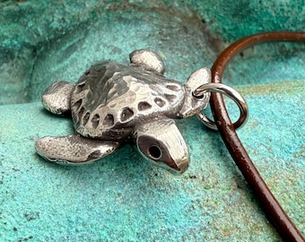 Sea Turtle Necklace, Rustic Handmade Pewter