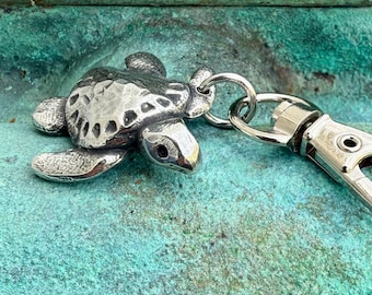 Sea Turtle Purse Charm, Bag Clip, Rustic Hand Cast Pewter Gift