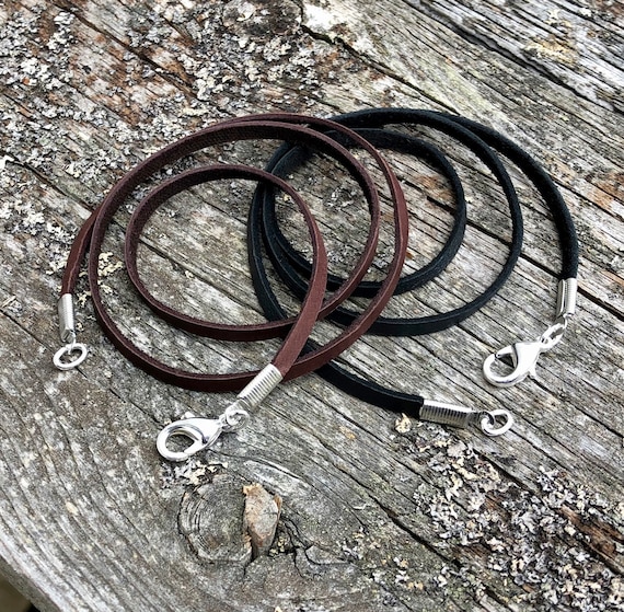 Deerskin Lace Necklace, narrow flat leather lace with silver plated lobster clasp, 1/8 inch wide Brown or Black, you choose color & length