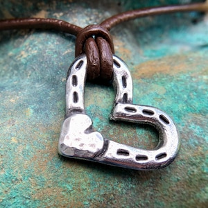 Heart and Horse Shoes Necklace, Horse Love Pendant, Rustic Handmade Jewelry, Hand Hammered, Equestrian Gift, Hand Cast Pewter