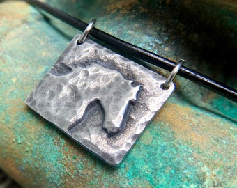 Horse Necklace, Morning Mist Pendant, Rustic Jewelry, Horse Head Silhouette, Equestrian Gift, Hand Cast Hand Hammered Pewter