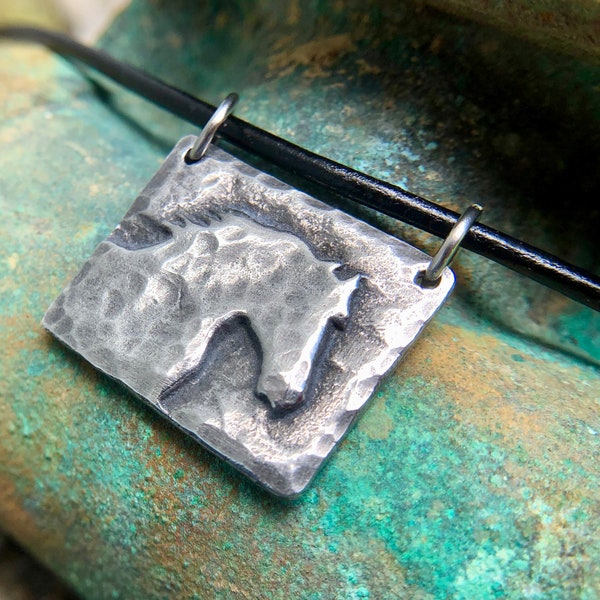 Horse Necklace, Morning Mist Pendant, Rustic Jewelry, Horse Head Silhouette, Equestrian Gift, Hand Cast Hand Hammered Pewter