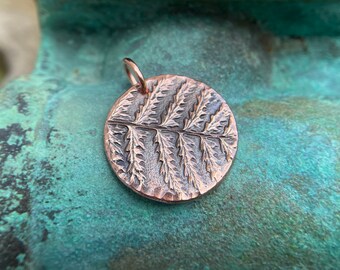 Copper Round Fern Pendant, Botanical Focal, Gardener Gift, Summer Jewelry, Rustic Forest Folage